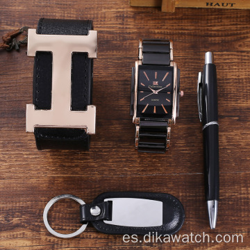 4pcs / Set Reloj de pulsera de cuarzo con banda de cuero de lujo para hombres de moda